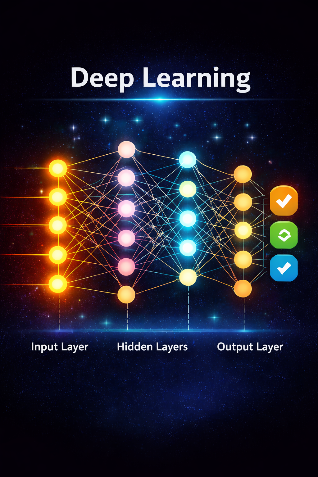 Deep learning neural network diagram showing input, hidden, and output layers