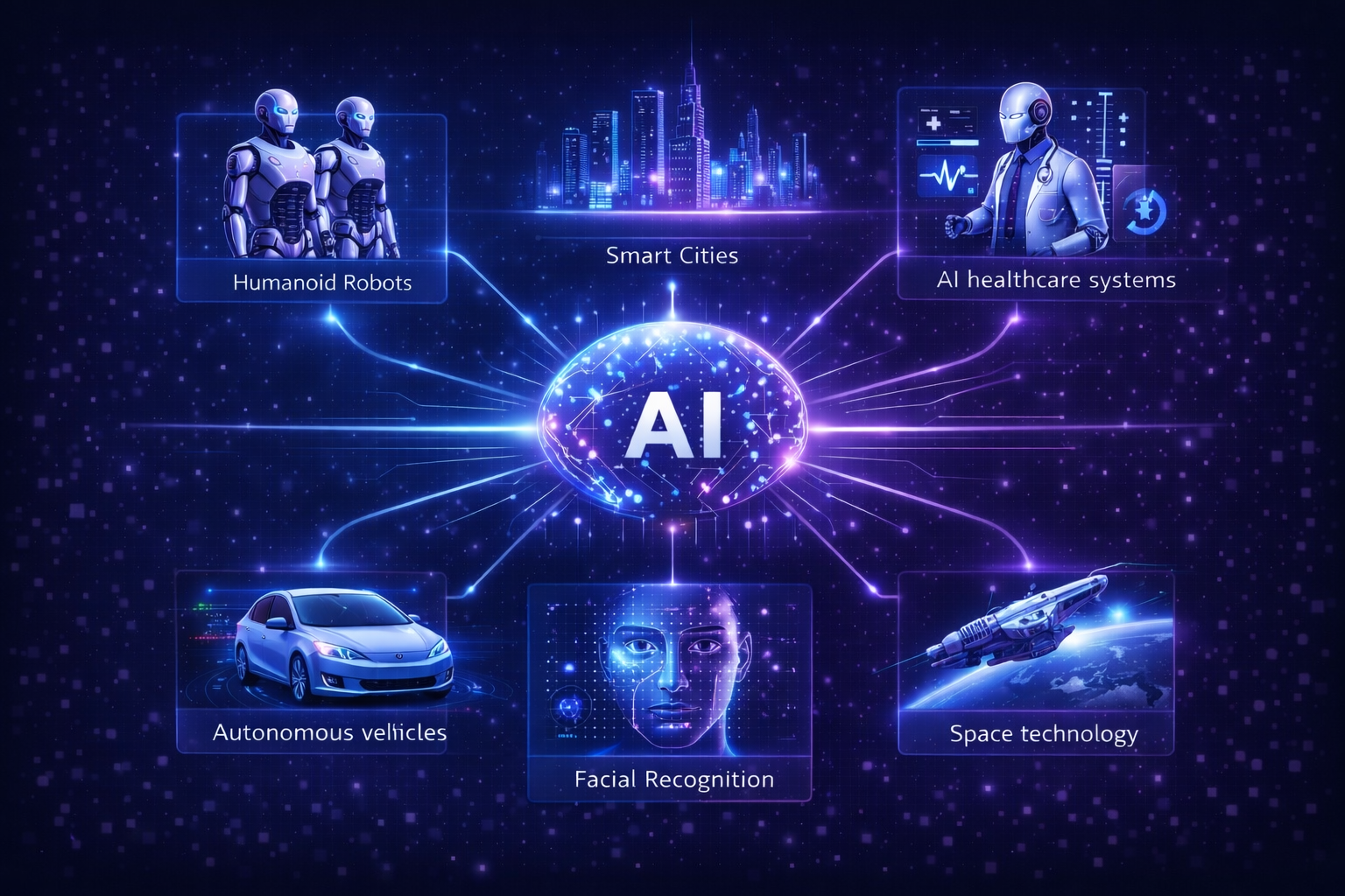 Illustration of future technologies powered by artificial intelligence, machine learning, and deep learning.