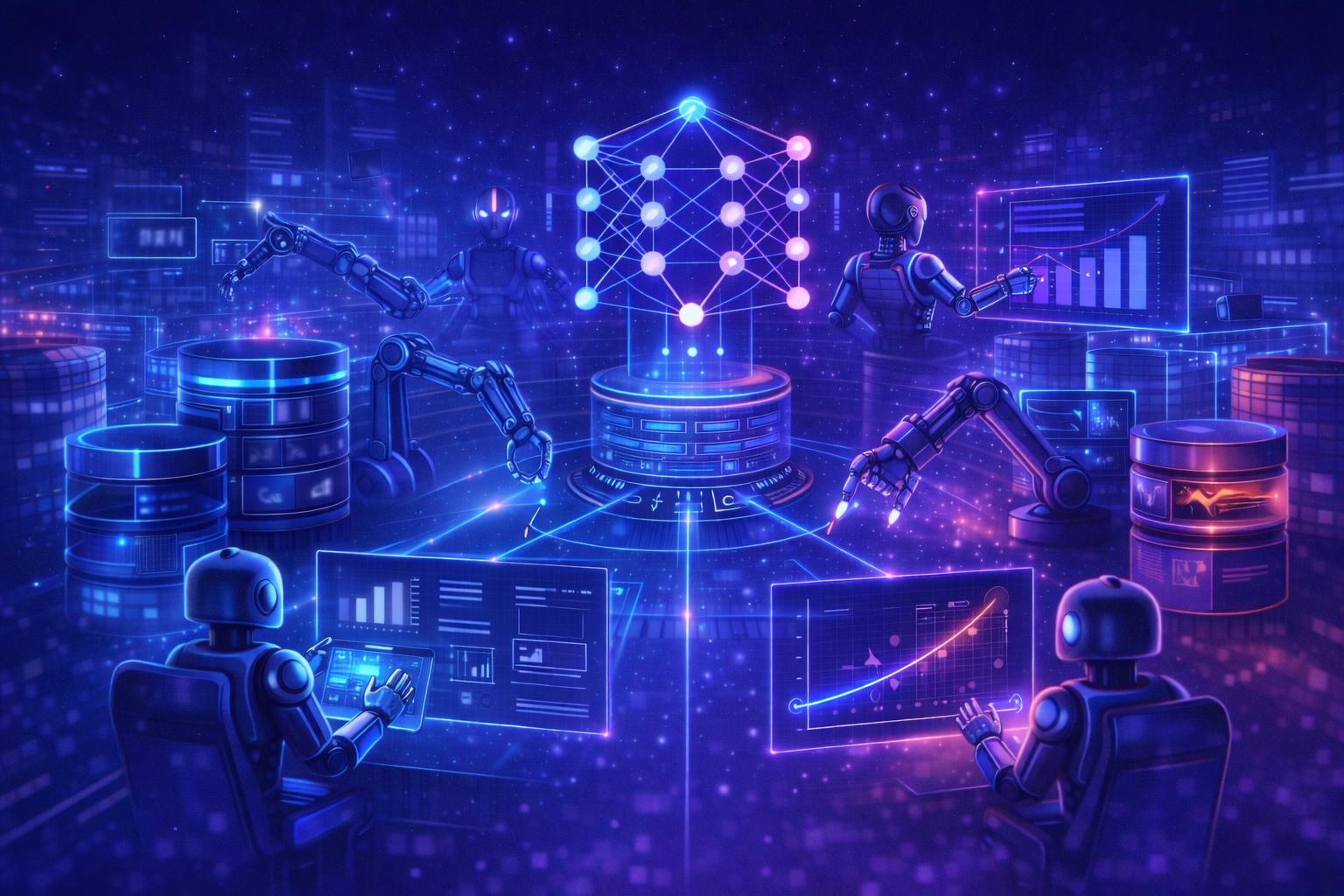 Futuristic visualization of advanced supervised learning systems and AI automation