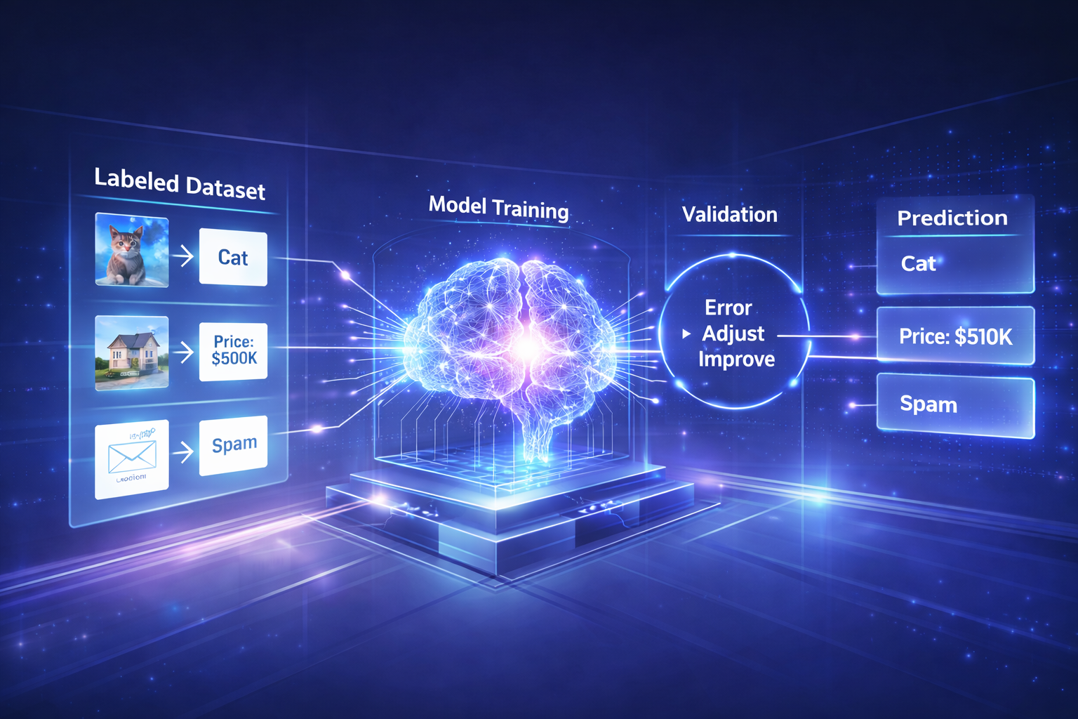 diagram showing how supervised learning works from labeled data to predictions