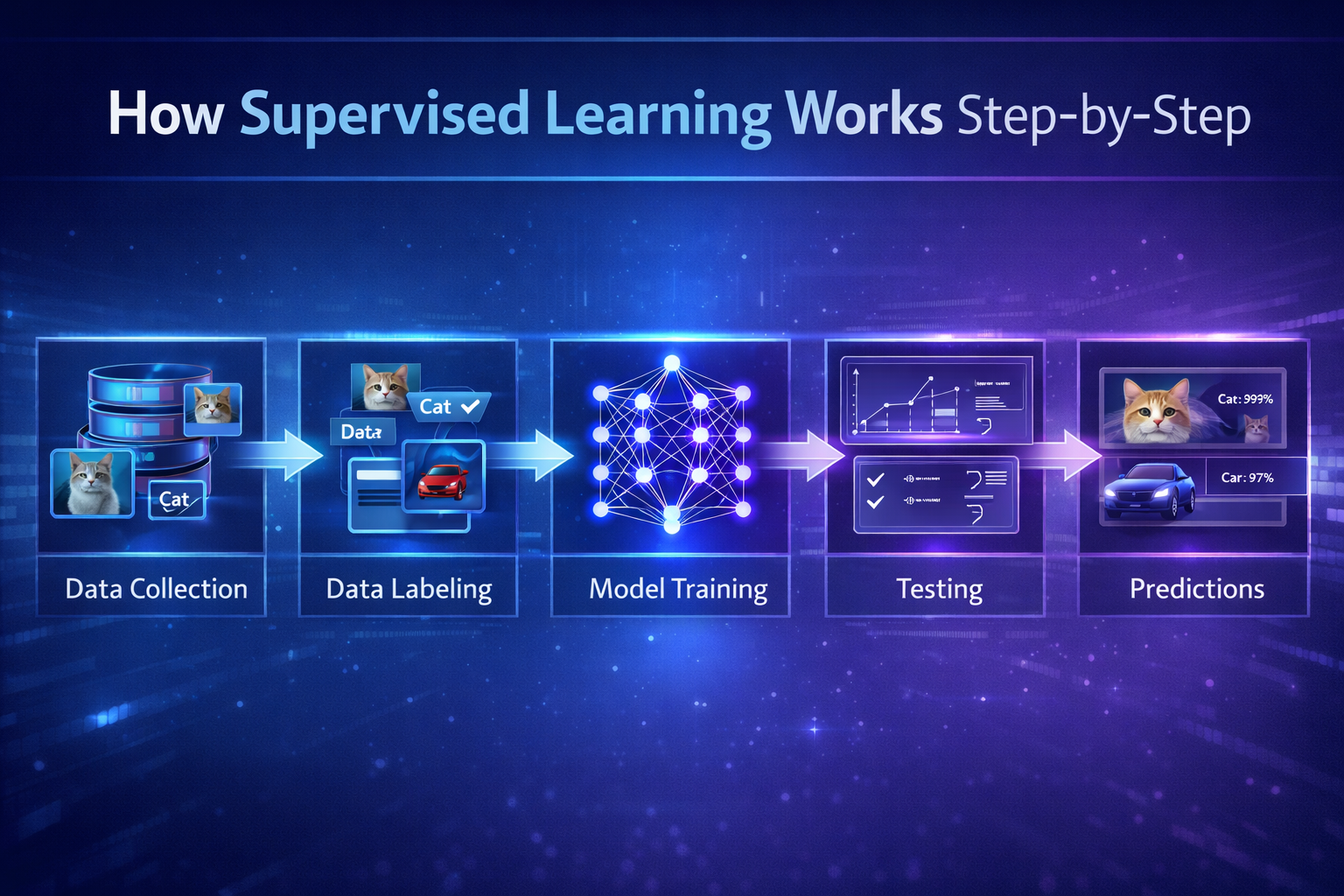 Step-by-step process of supervised learning from labeled data to predictions