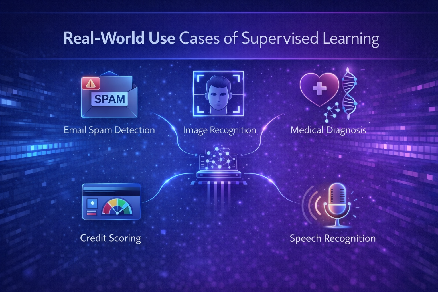 Examples of supervised learning applications including spam detection and image recognition