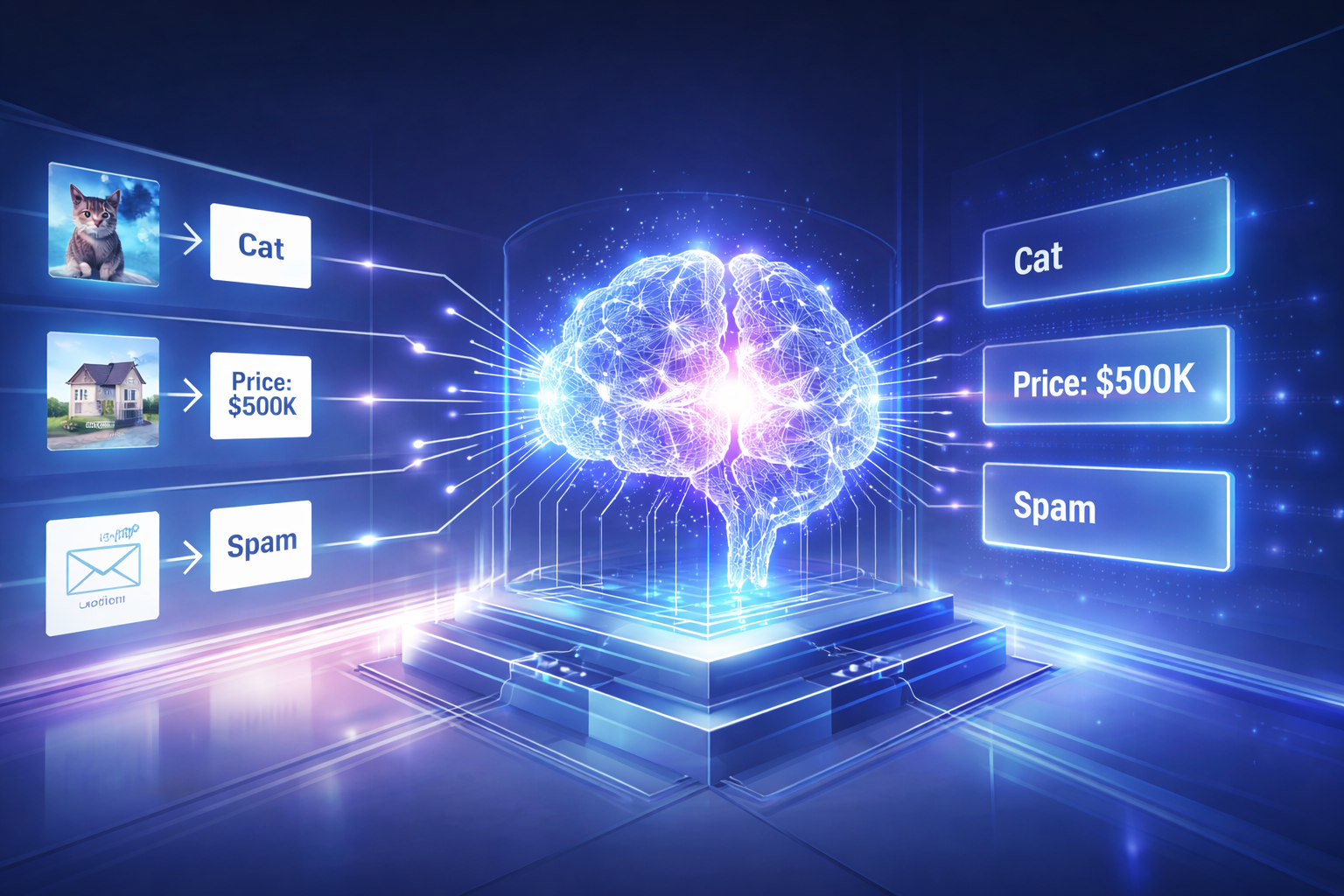 supervised learning illustration showing labeled data training a model