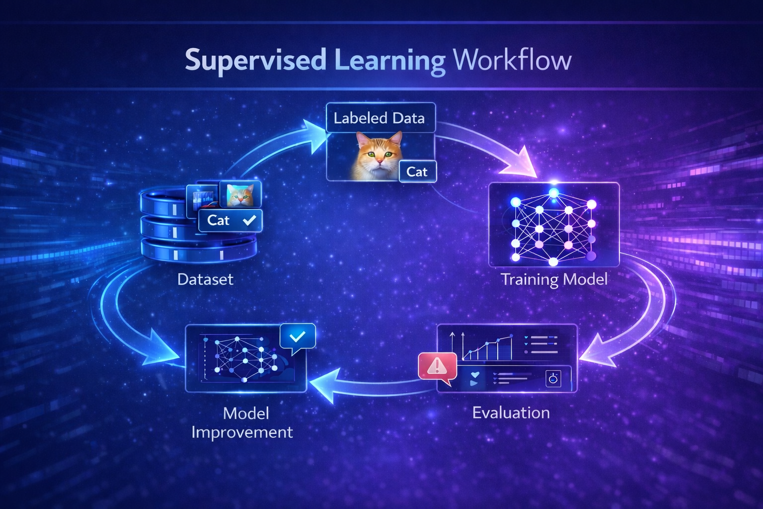 Workflow diagram showing iterative supervised learning process with training and evaluation