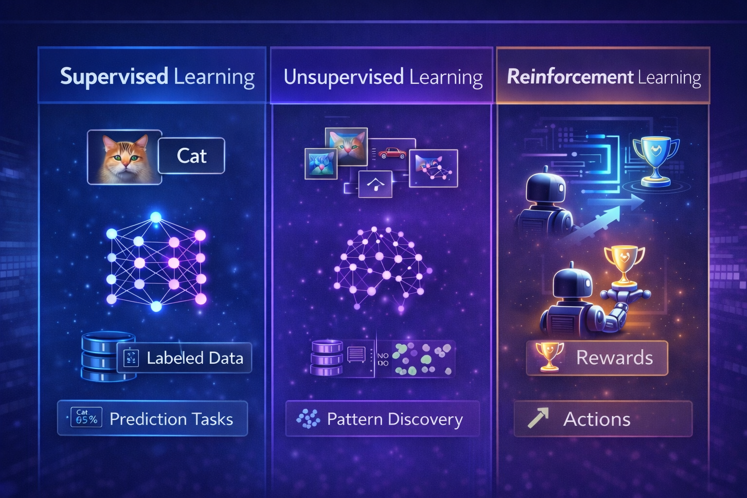 Comparison of supervised, unsupervised, and reinforcement learning methods