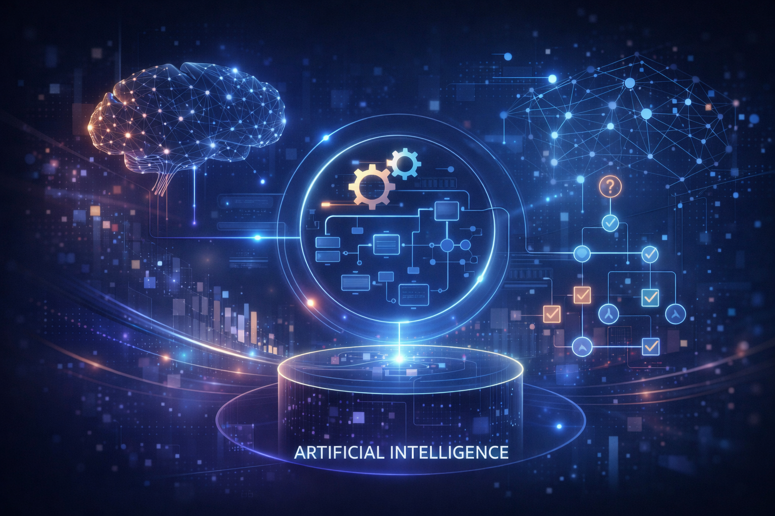 Conceptual illustration showing artificial intelligence systems performing intelligent tasks
