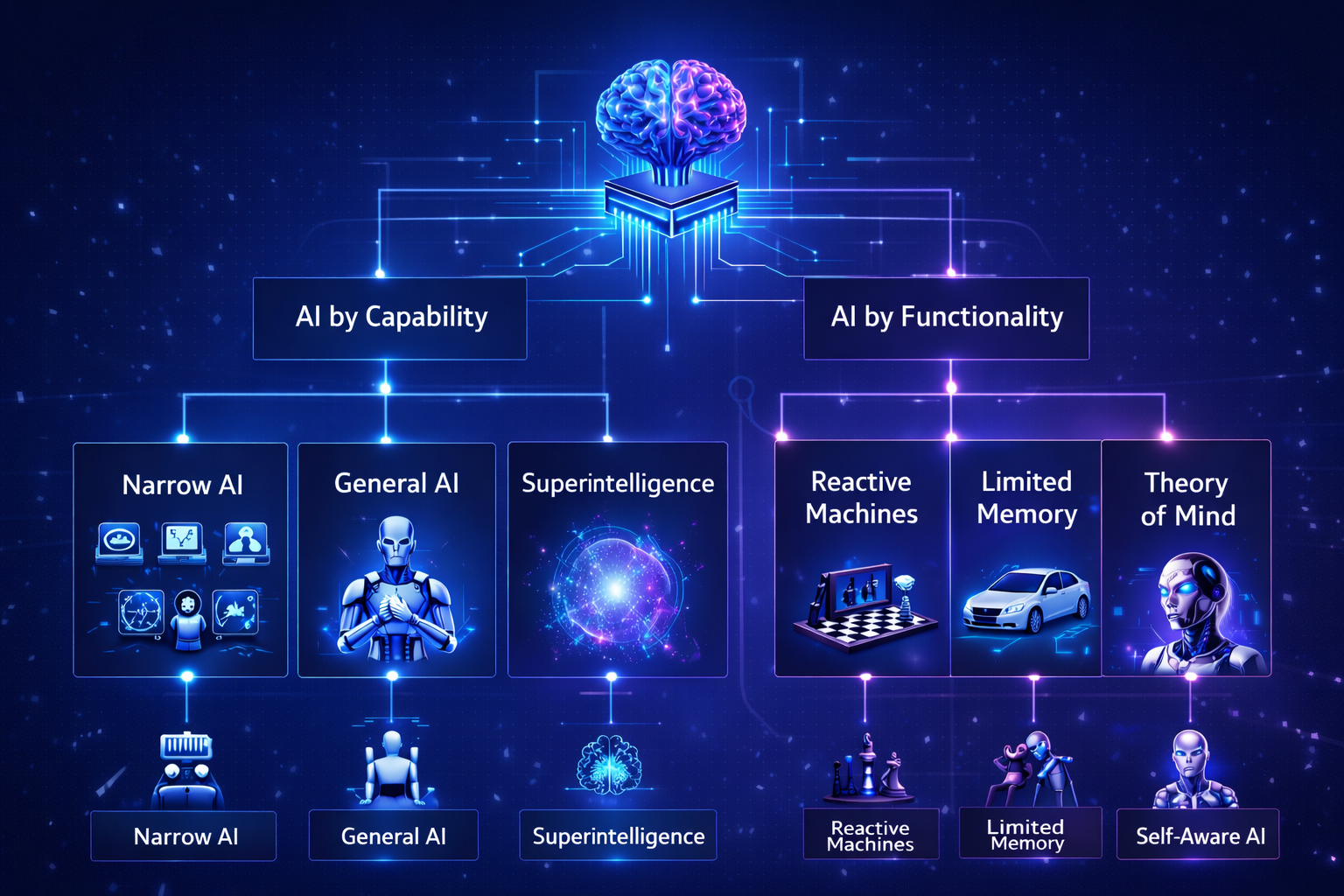 Diagram showing how artificial intelligence is classified by capability and functionality.