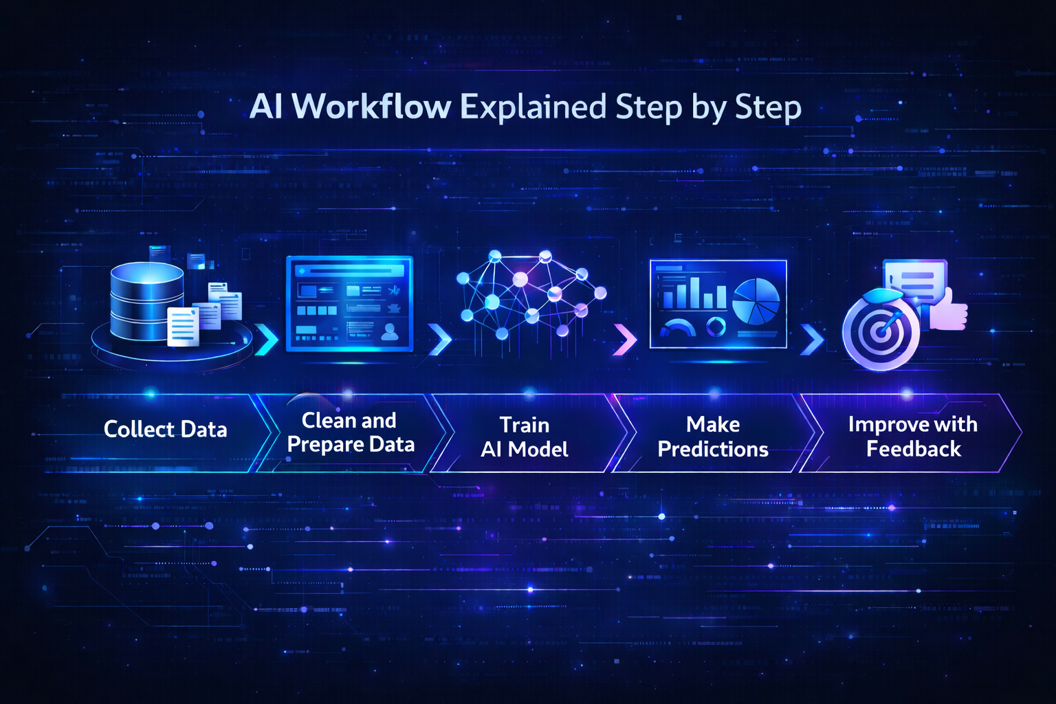 Step-by-step diagram showing how AI systems collect data, train models, and improve over time.