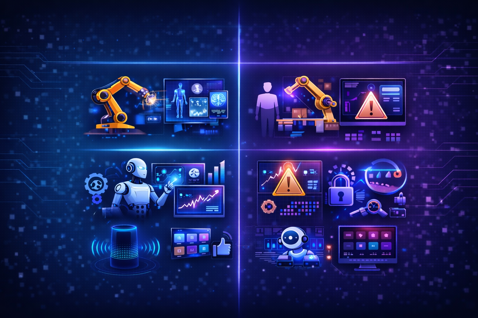 Infographic comparing the benefits and risks of artificial intelligence including automation advantages and concerns about jobs, bias, and privacy.
