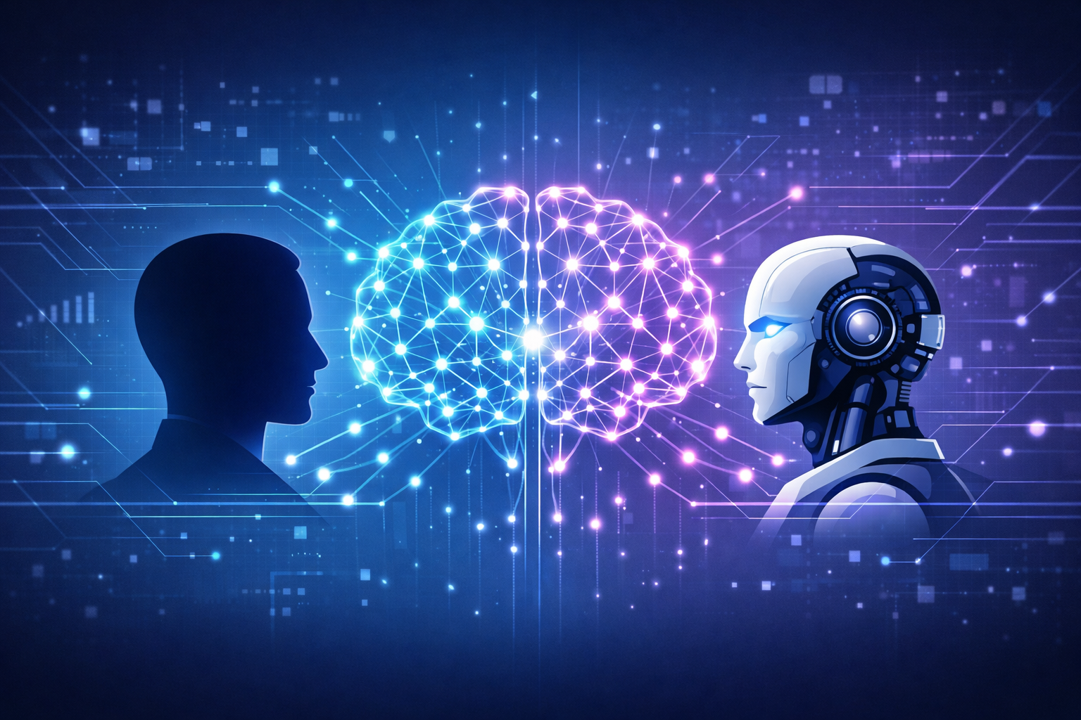 Artificial intelligence concept illustration showing a digital neural network brain connecting human intelligence and machine intelligence.