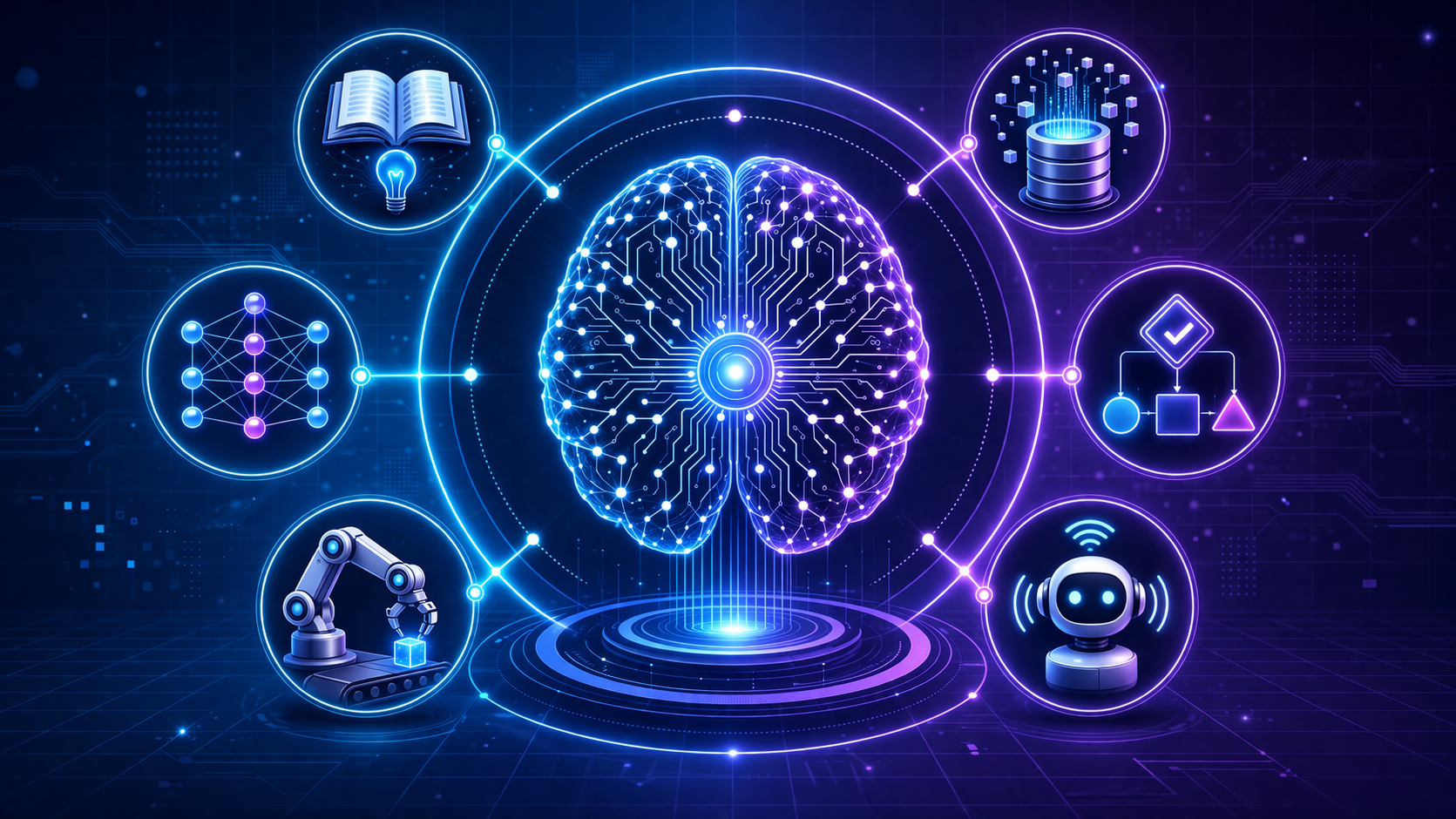Artificial intelligence concept illustration showing a digital neural network brain connecting human intelligence and machine intelligence.