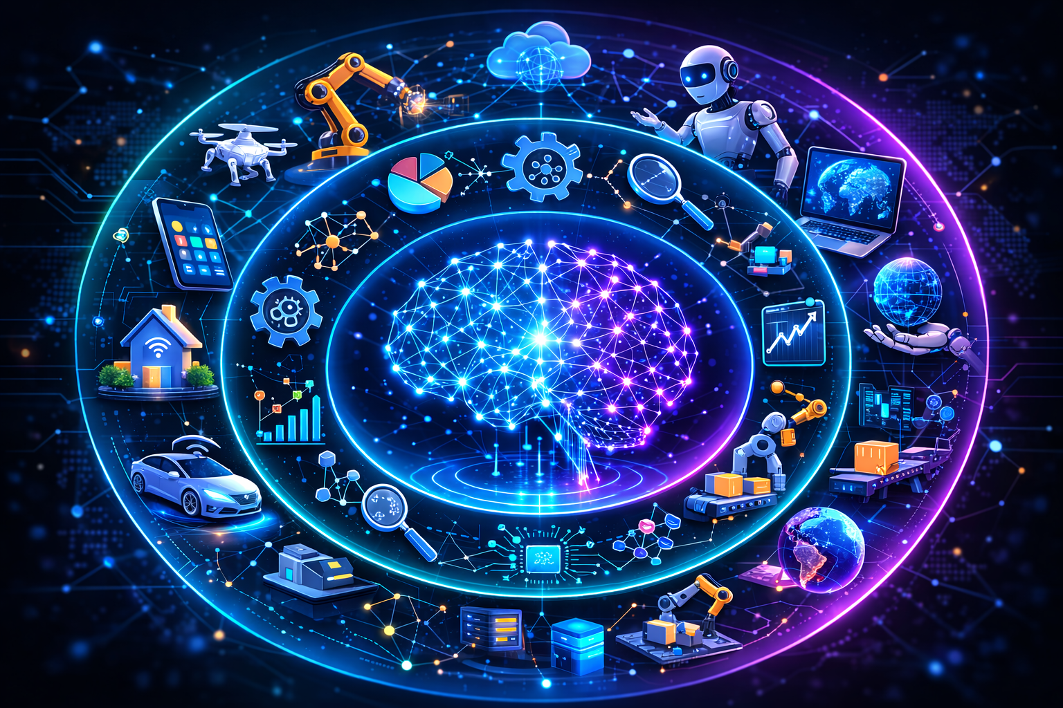 Infographic showing the relationship between artificial intelligence, machine learning, and deep learning using nested layers with a neural network core.
