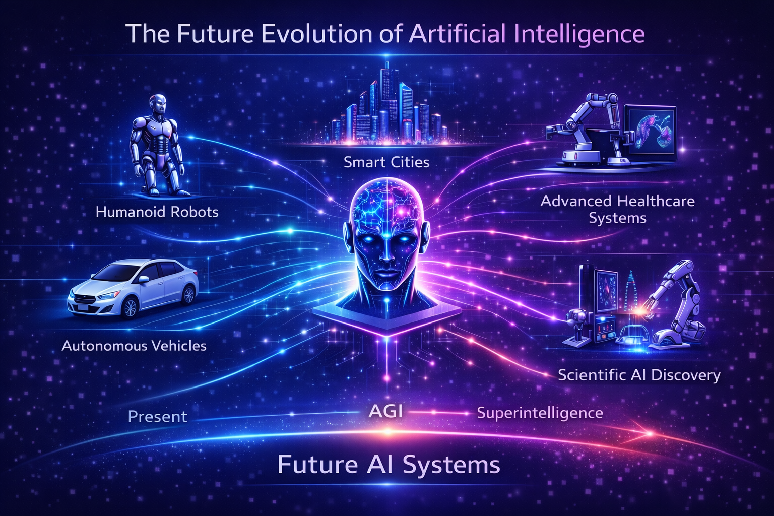 Futuristic infographic showing how artificial intelligence types may evolve in the future.