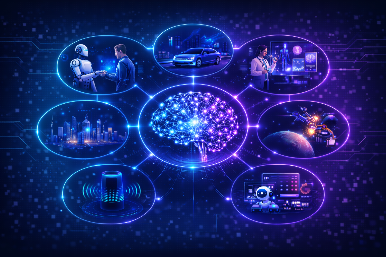 Infographic illustrating the future of artificial intelligence with technologies like robotics, smart cities, autonomous vehicles, healthcare AI, and space technology connected to a central AI system.