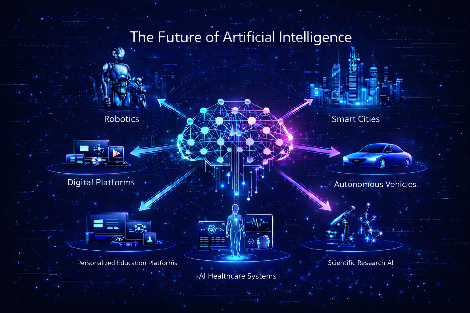 Futuristic infographic showing how artificial intelligence may power robotics, healthcare, and smart cities.