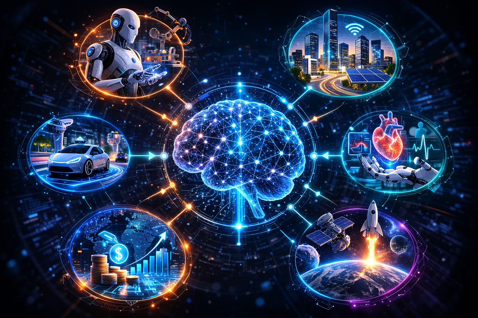 Futuristic illustration showing the future of neural networks powering smart cities, robotics, healthcare AI, and autonomous vehicles.
