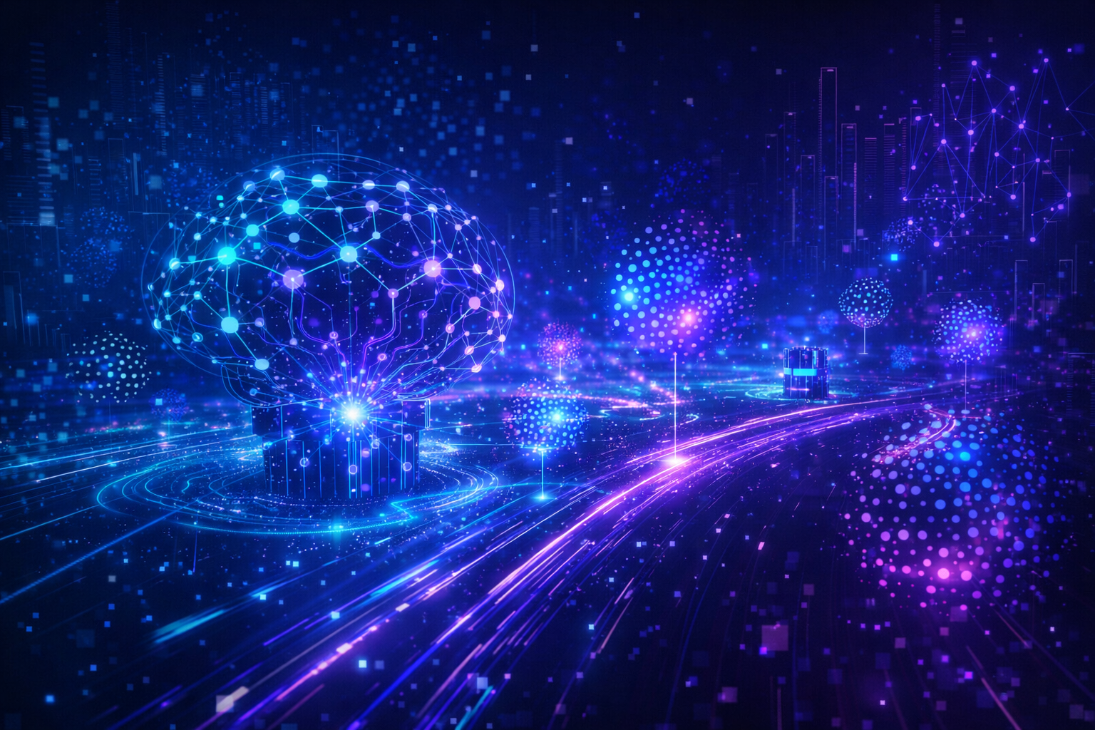 Futuristic visualization of AI discovering patterns autonomously using unsupervised learning