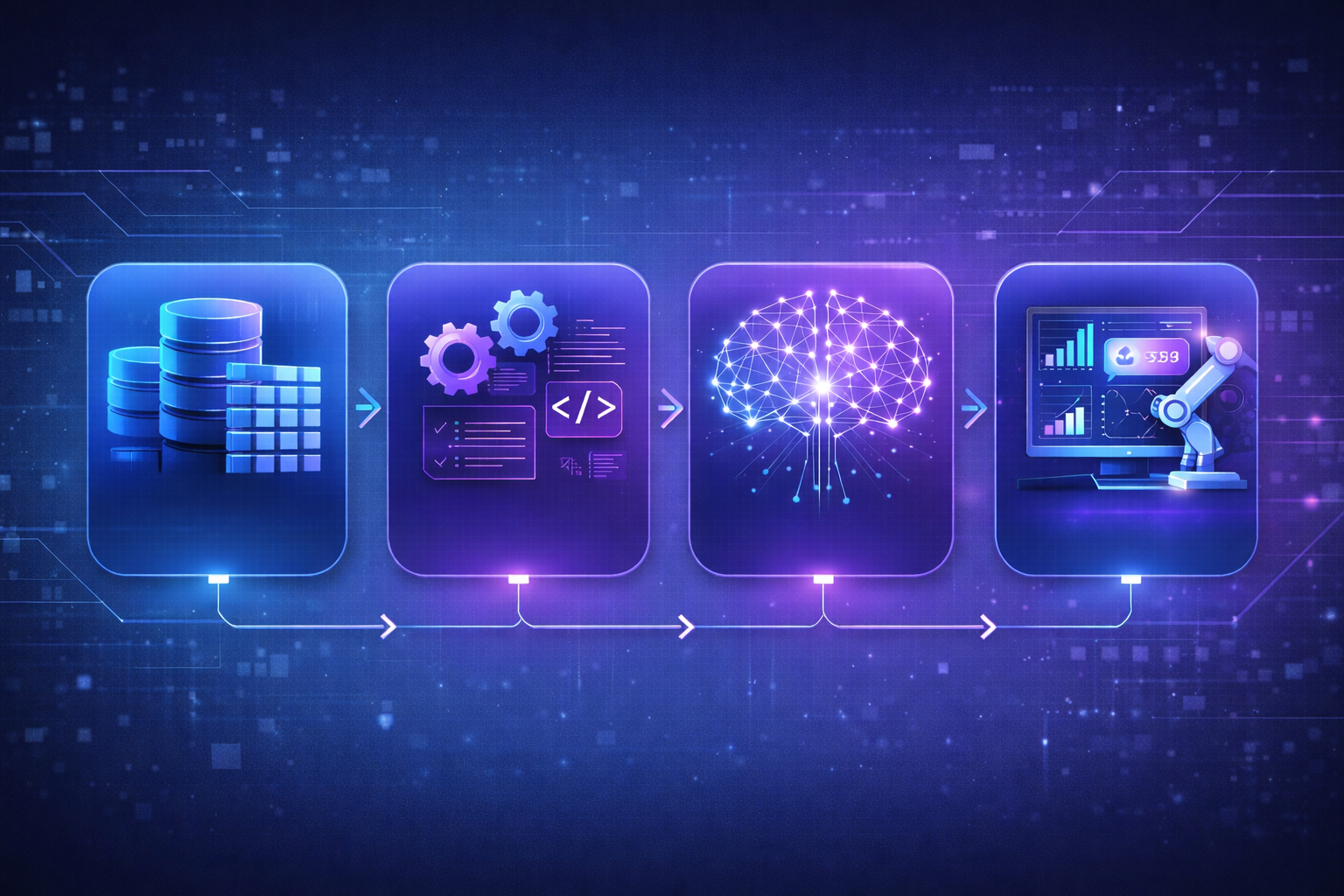 Infographic illustrating how artificial intelligence works from data collection to algorithms, machine learning, and predictions.

