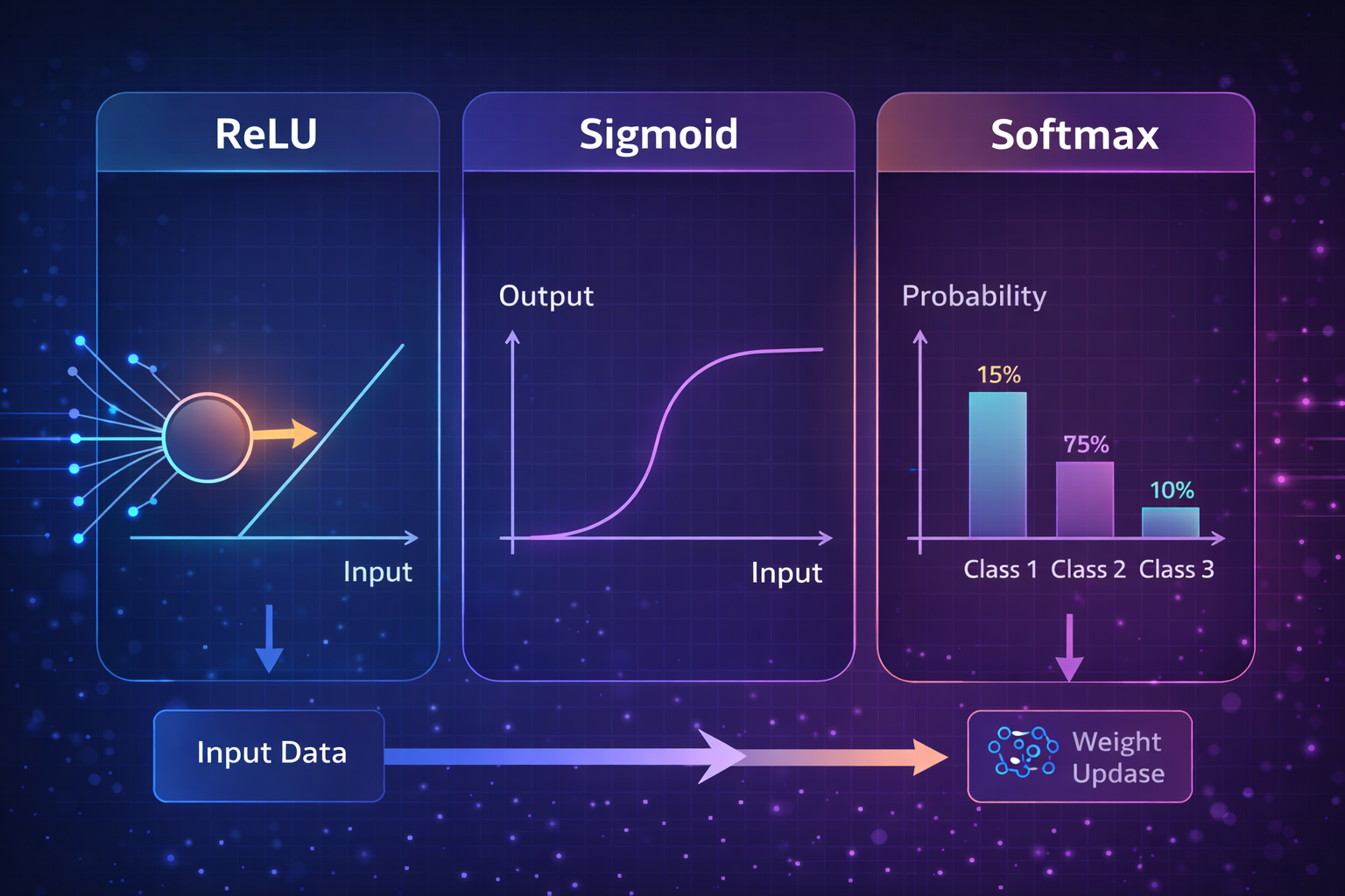 Infographic explaining neural network activation functions including ReLU, Sigmoid, and Softmax graphs.
