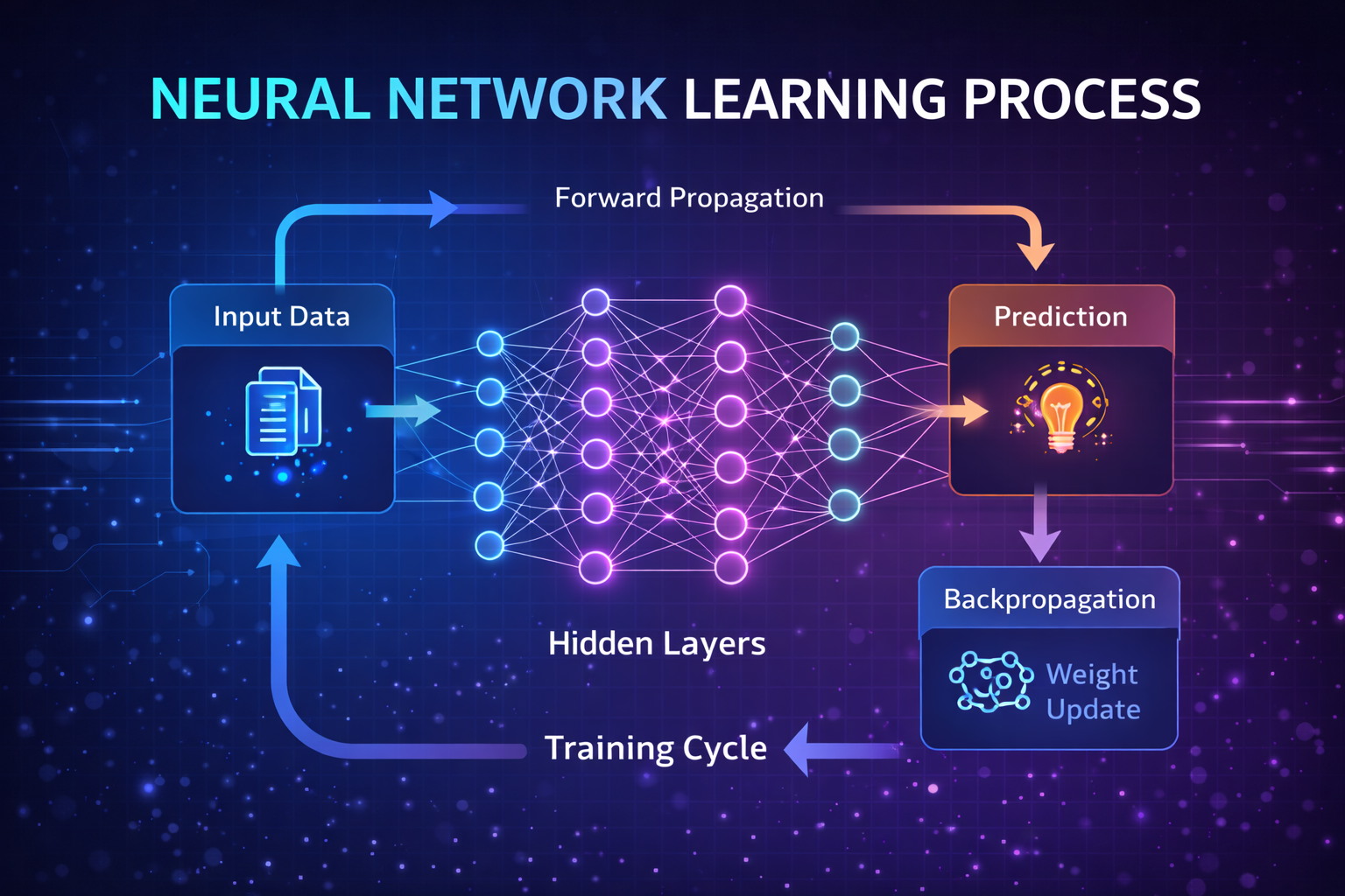 Infographic diagram showing how neural networks learn through forward propagation, prediction, error calculation, and backpropagation.
