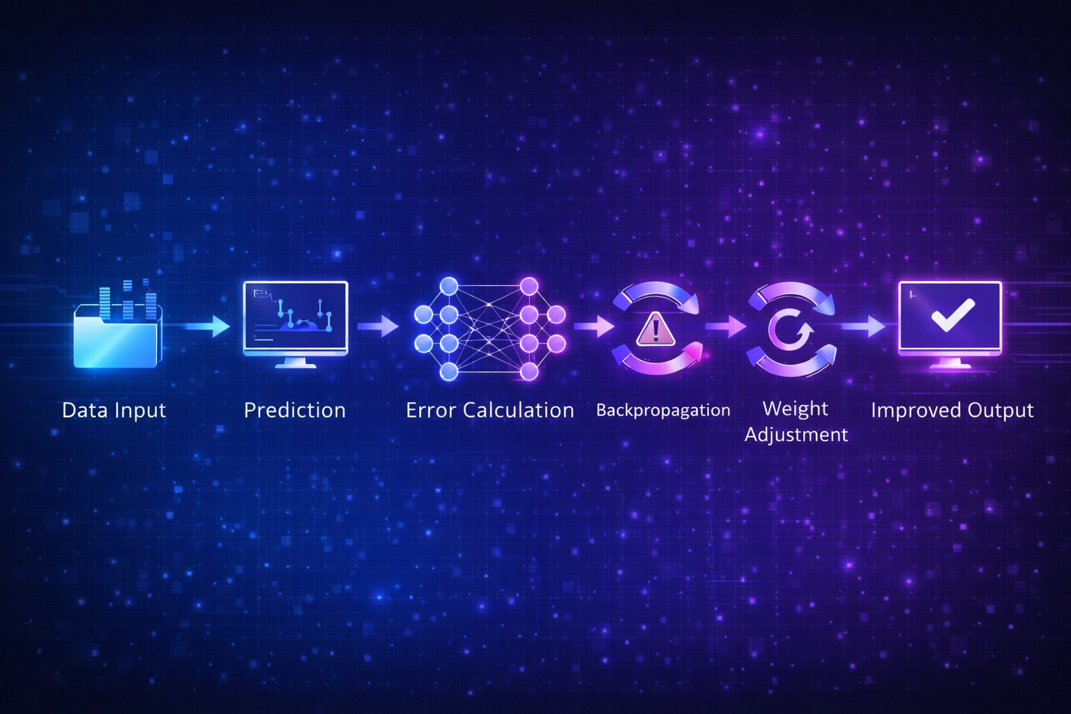Workflow showing how neural networks learn through prediction, error correction, and weight updates