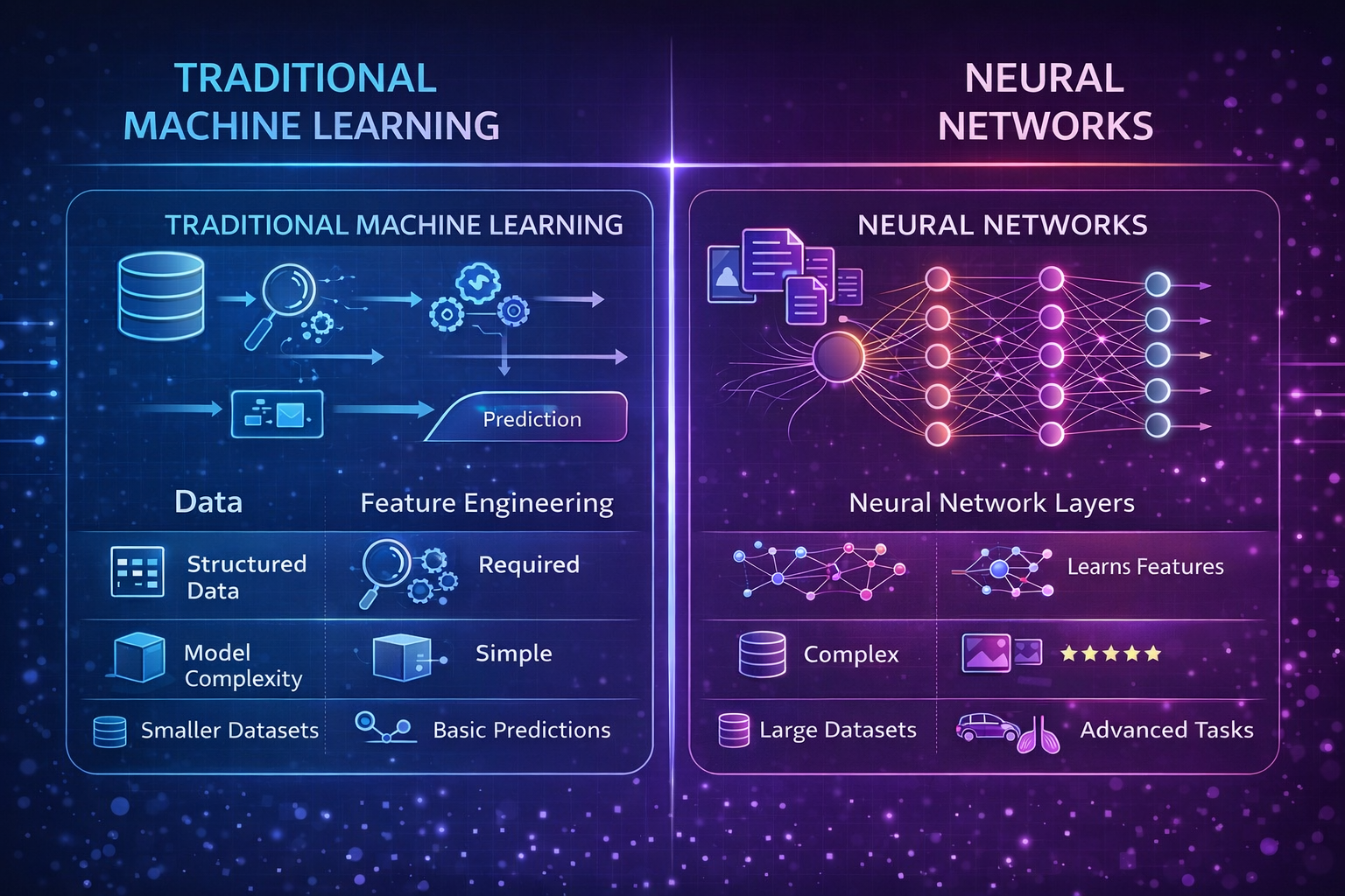 Comparison infographic showing differences between traditional machine learning models and neural networks.
