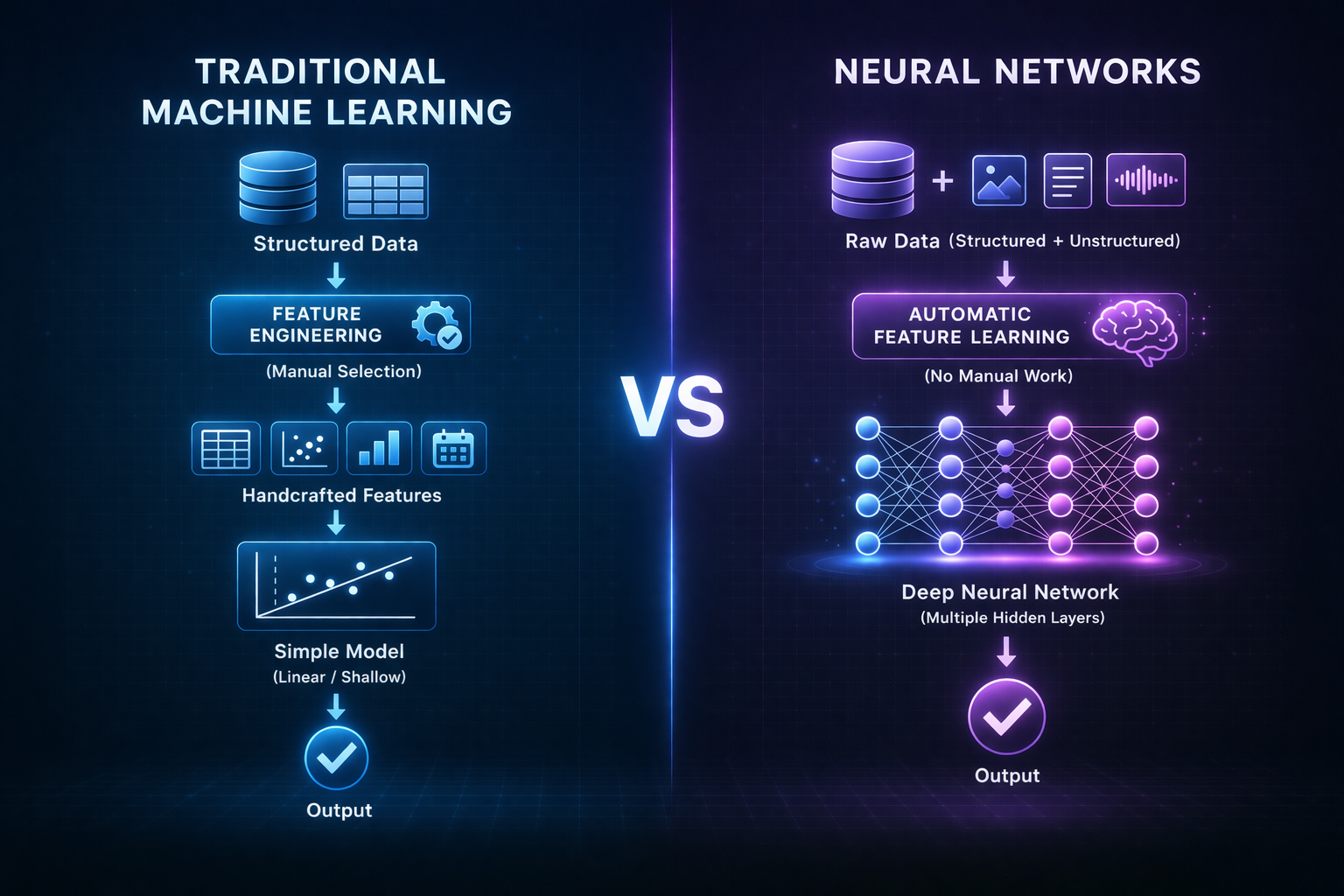 Comparison between traditional machine learning and neural networks showing structural differences