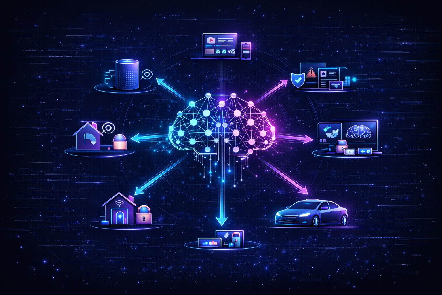 Infographic showing real-world uses of artificial intelligence such as recommendations, voice assistants, and self-driving cars.