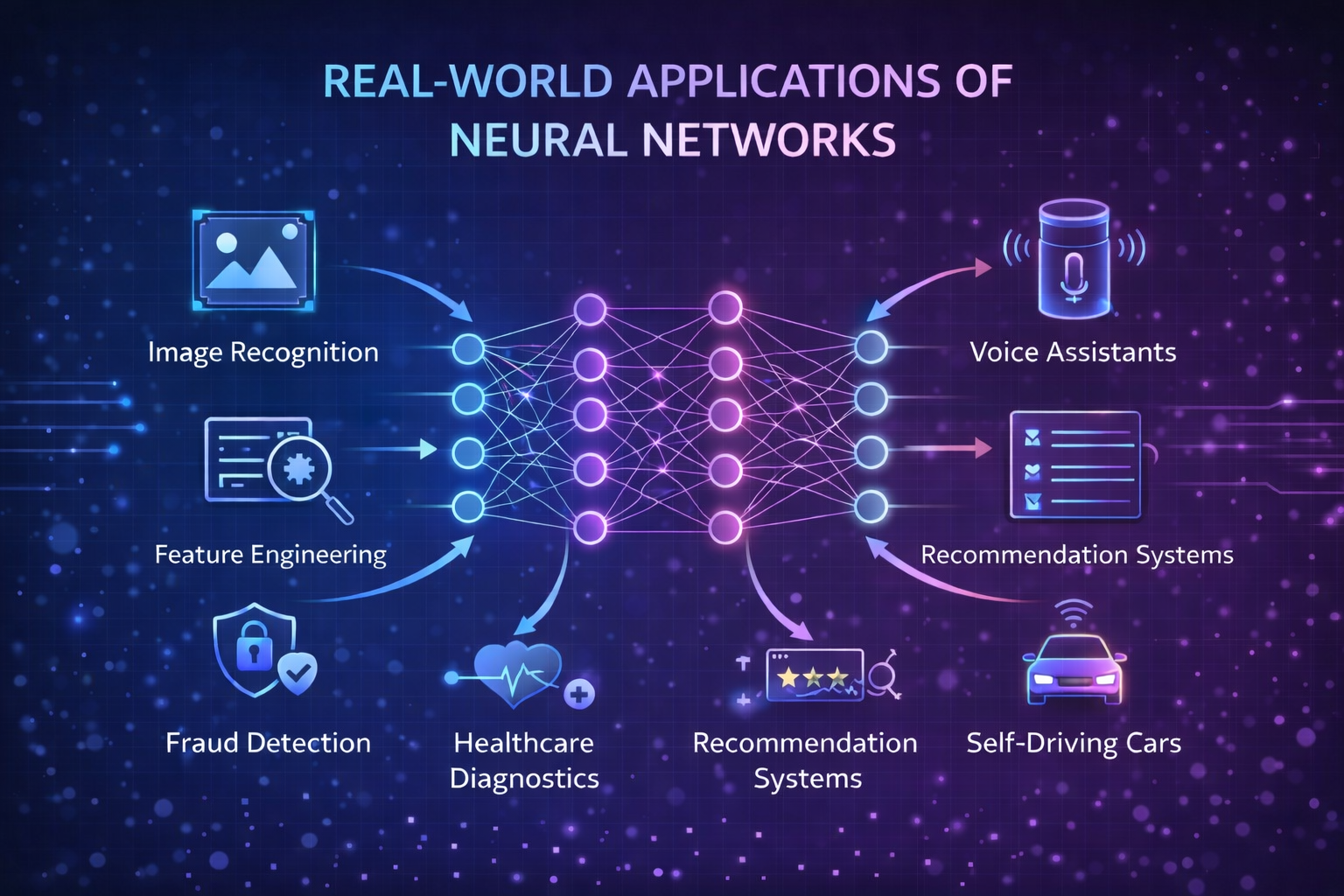 Infographic showing real-world applications of neural networks including image recognition, voice assistants, recommendation systems, healthcare AI, fraud detection, and self-driving cars.
