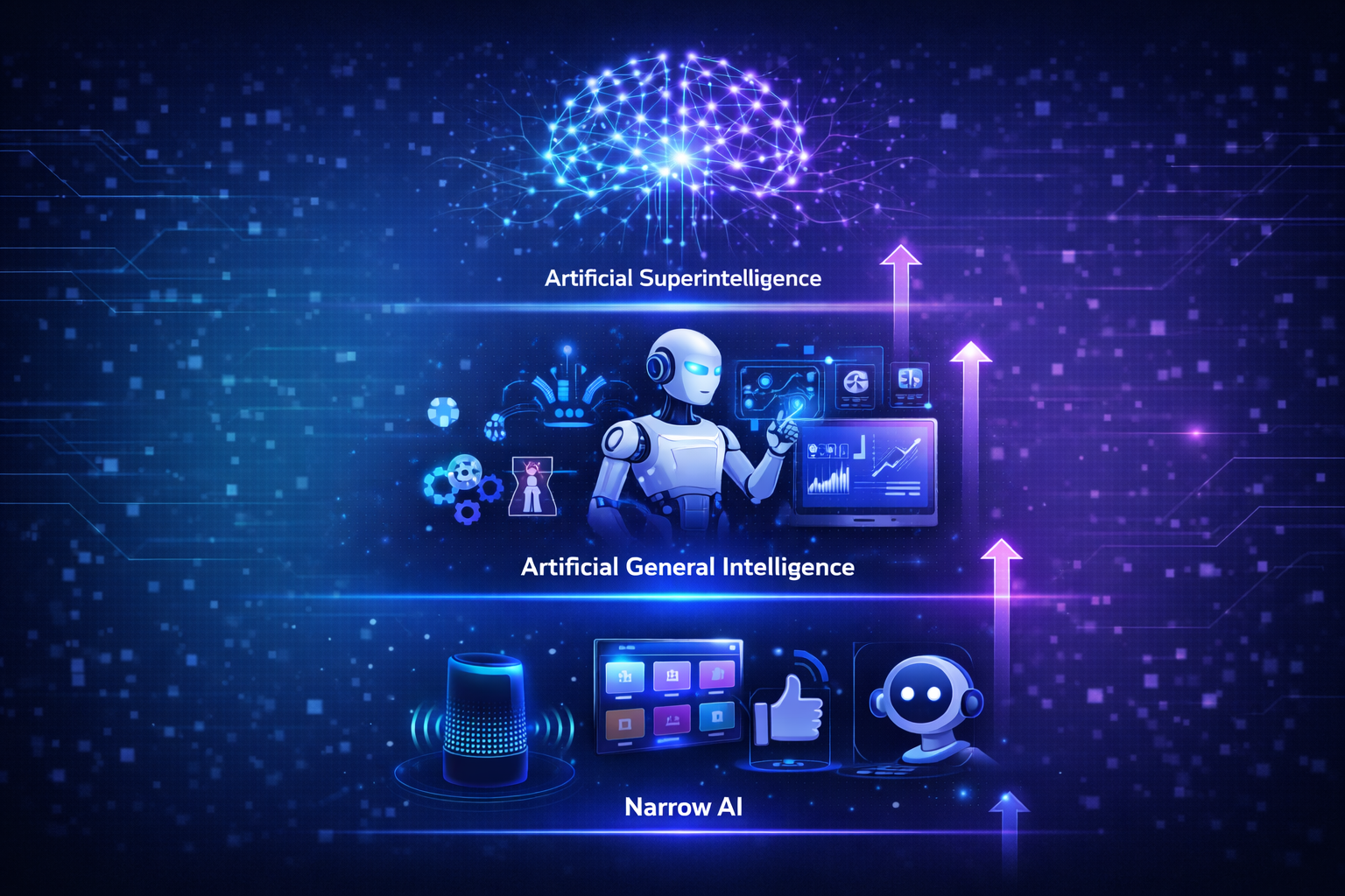 Infographic showing types of artificial intelligence including narrow AI, artificial general intelligence, and superintelligence in a vertical progression.

