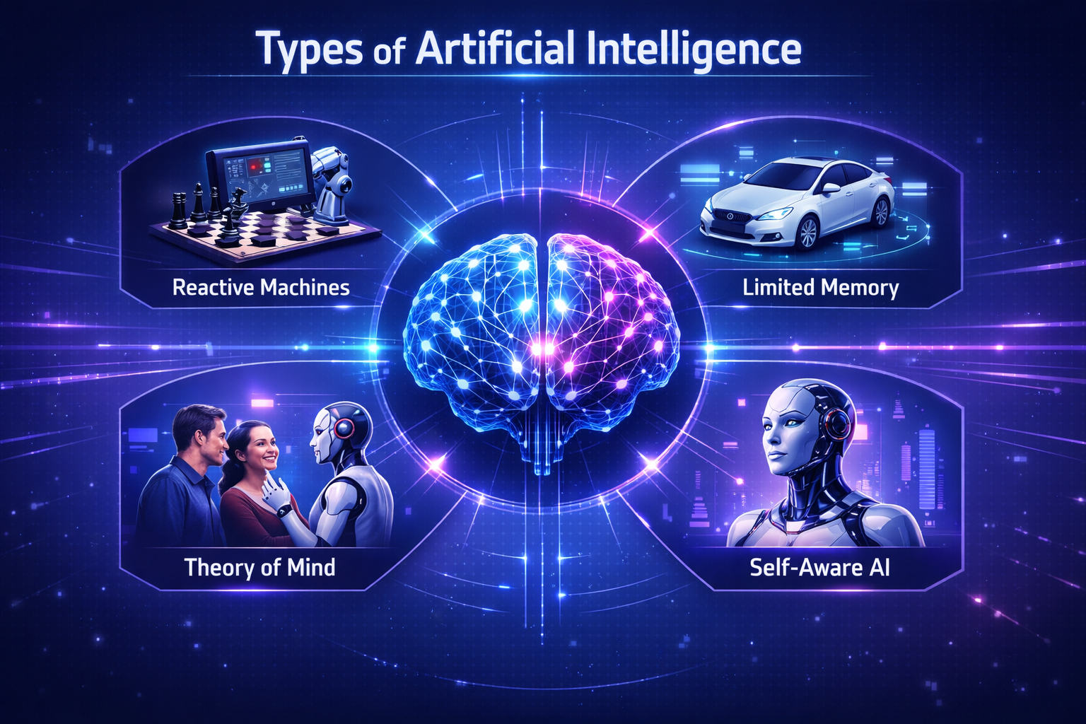 Overview infographic showing the main types of artificial intelligence in a simple visual layout.