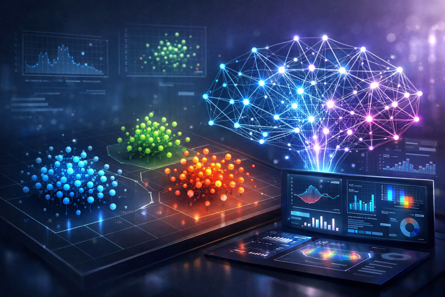 Unsupervised learning visualized with clustered data points and AI pattern recognition