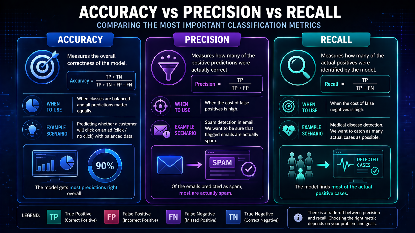 Comparison chart explaining differences between accuracy, precision, and recall