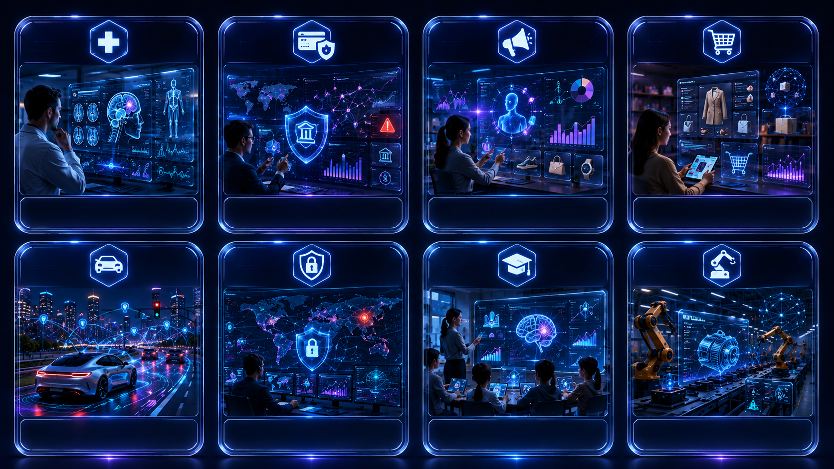 Educational infographic showing eight major industries using artificial intelligence, including healthcare, finance, marketing, retail, transportation, cybersecurity, education, and manufacturing, arranged in a clean dashboard layout with futuristic AI technology illustrations.