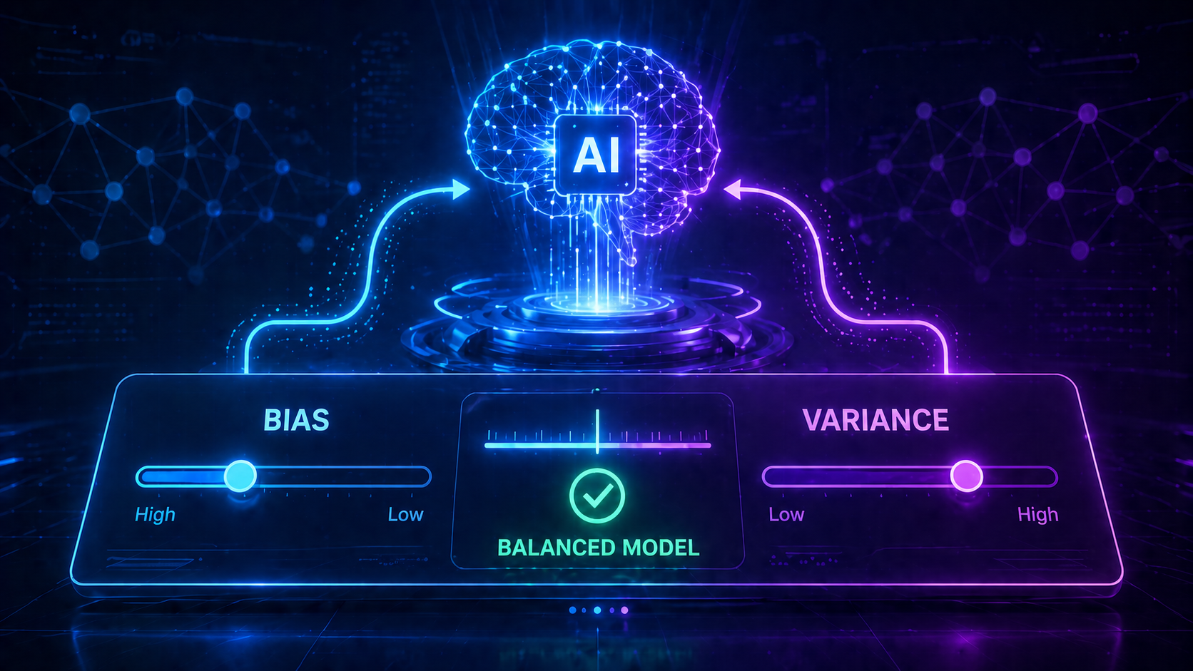 Futuristic AI system automatically balancing bias and variance in machine learning