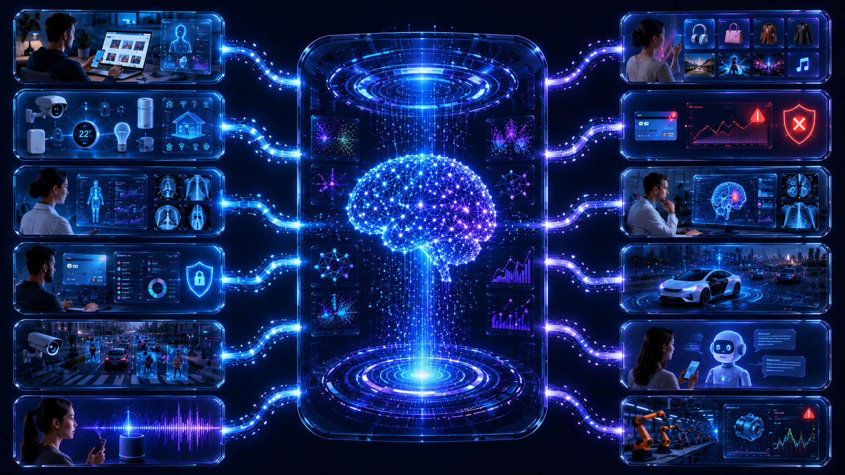 Educational infographic showing multiple data sources flowing into a central artificial intelligence brain, which analyzes information and produces intelligent decisions such as medical diagnosis, fraud detection, autonomous driving, customer support, predictive maintenance, and personalized recommendations.