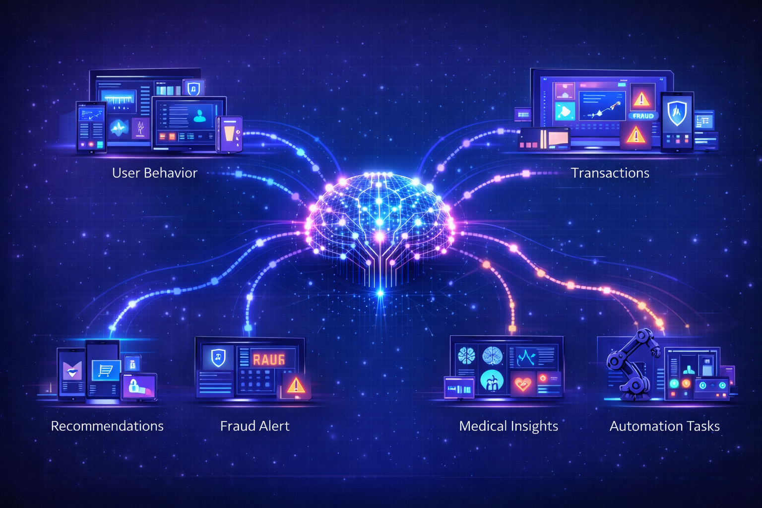 Infographic showing how AI analyzes data and generates decisions across different applications.