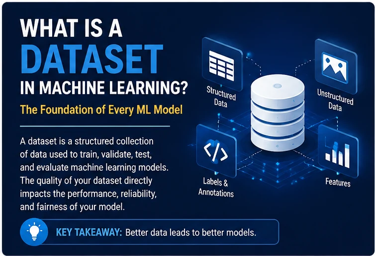Machine learning dataset concept showing data examples, features, labels, and dataset quality factors used to train, validate, test, and evaluate a model.