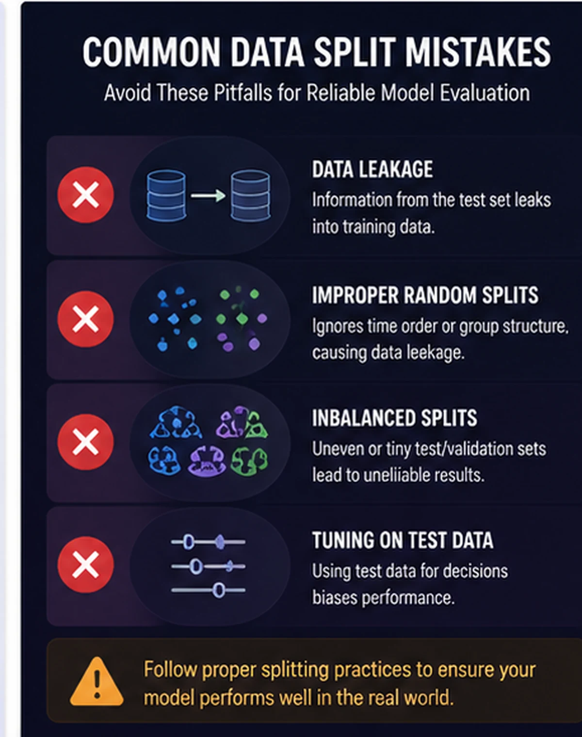 Common machine learning data split mistakes including leakage, random time-series splits, related groups, and duplicate examples.