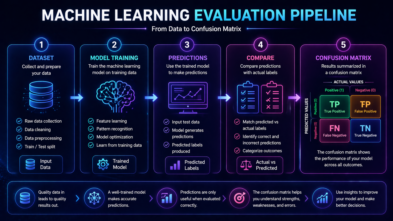 Workflow showing how machine learning predictions are evaluated using a confusion matrix explained