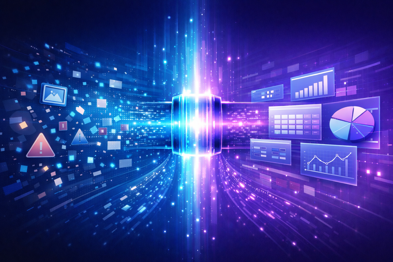 Illustration showing raw data being transformed into clean structured data through preprocessing
