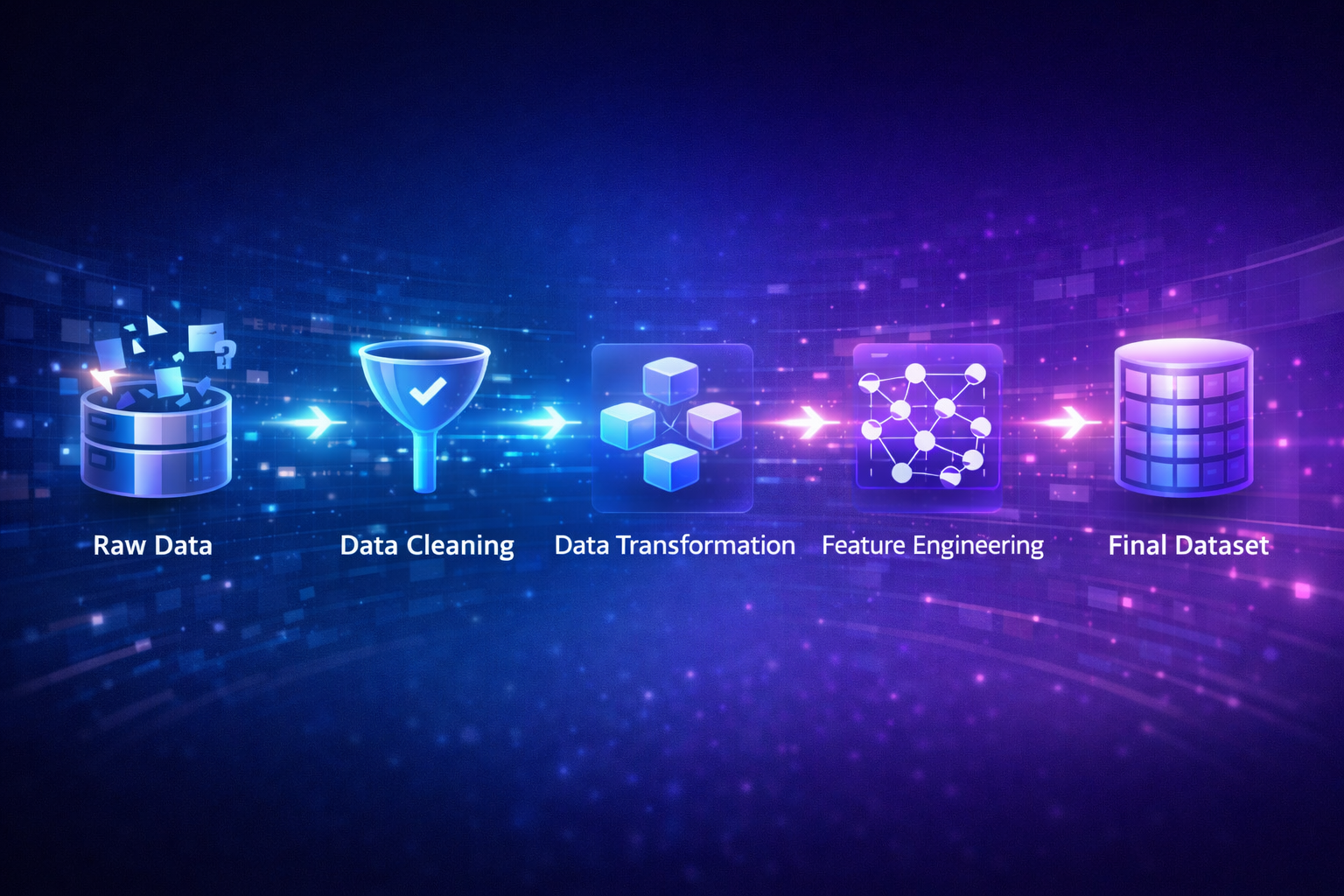 Step-by-step diagram showing stages of data preprocessing from raw data to final dataset
