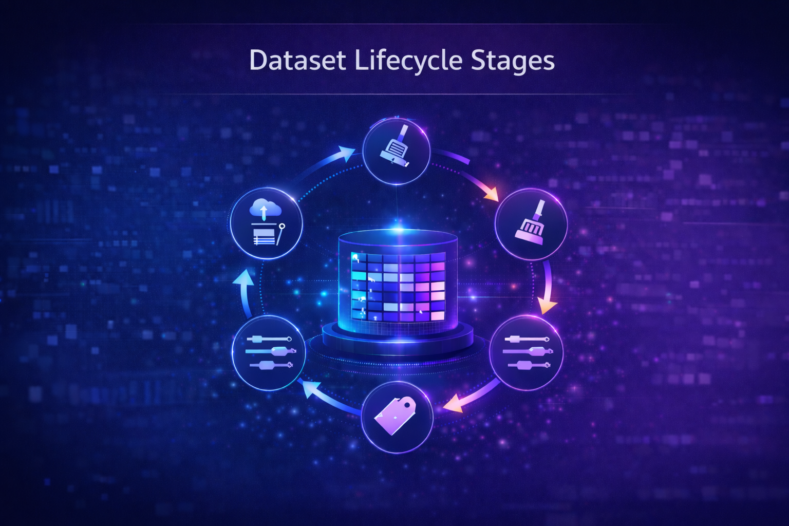 Circular diagram showing dataset lifecycle including collection, cleaning, and training stages
