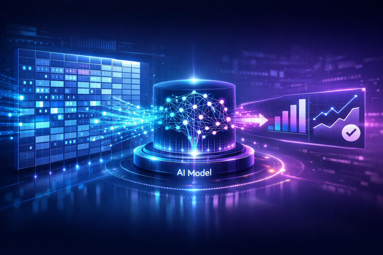 Visualization of a dataset in machine learning showing structured data flowing into an AI model