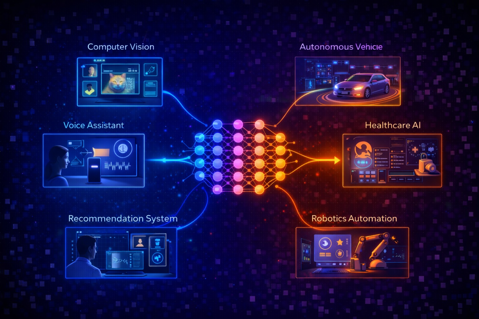 Deep learning applications including healthcare, self-driving cars, and voice assistants