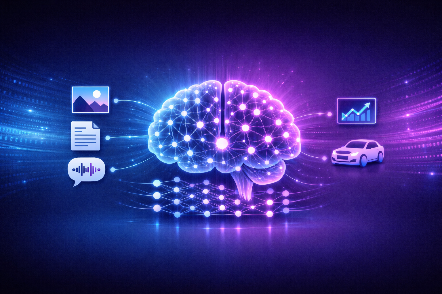 How Deep learning works overview showing neural network processing data inputs into intelligent outputs
