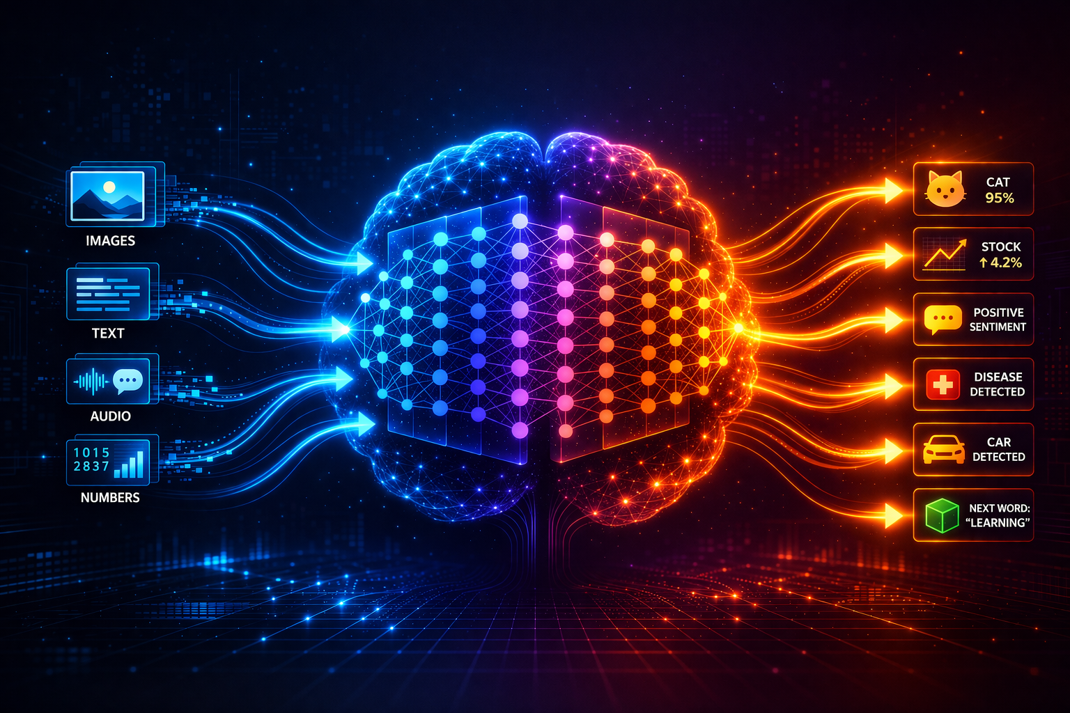 Deep learning overview showing a neural network brain processing data inputs into predictions