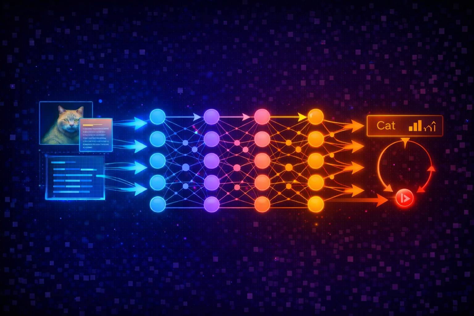 Deep learning training process showing forward pass and backpropagation in a neural network