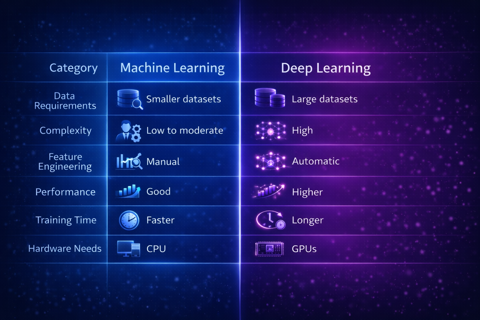 Side-by-side comparison of machine learning and deep learning including complexity data and performance differences