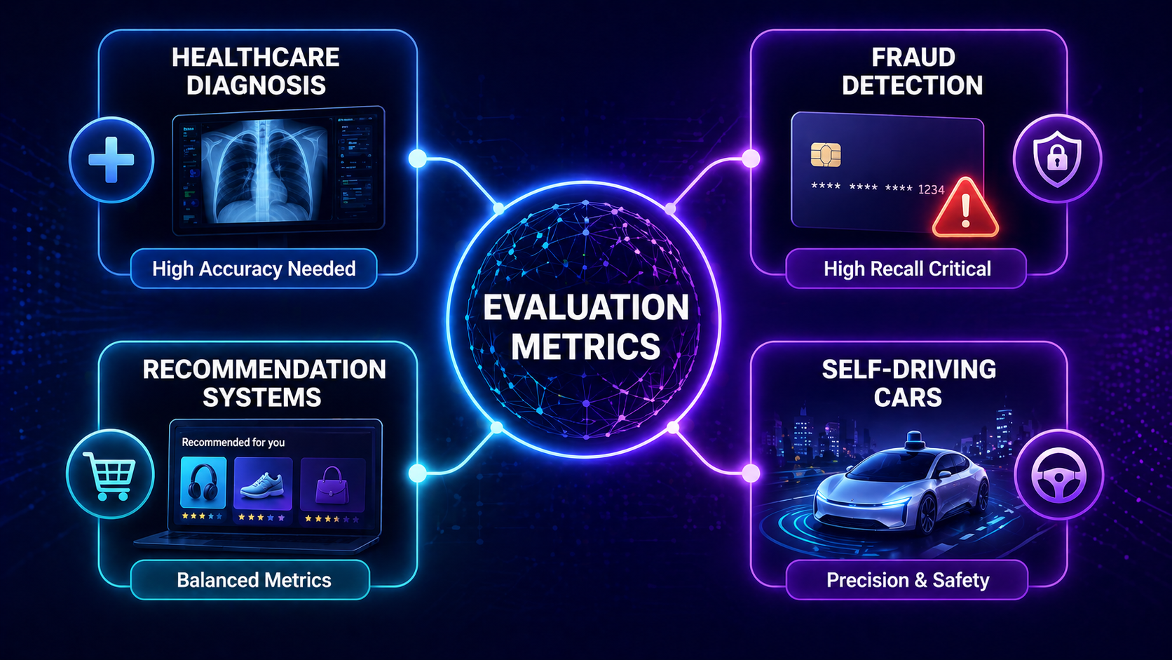 Examples of how evaluation metrics are used in healthcare, finance, and AI systems